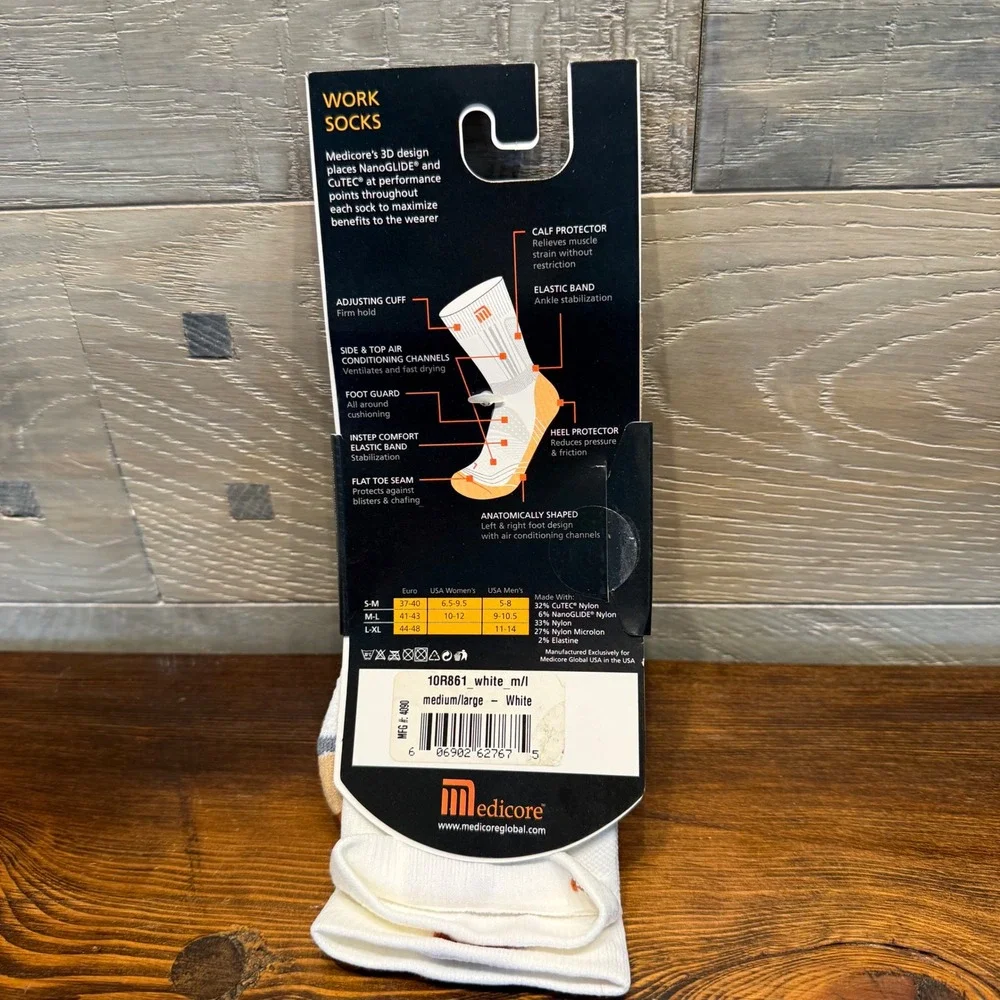 Medicore Work Socks White Med-Lg Copper CuTEC NanoGLIDE Anti-Blister Crew 10R861